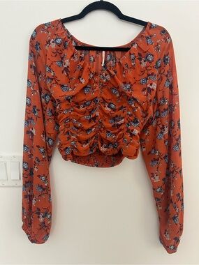 Free People Womens XS Orange Floral Ruched Long Balloon Sleeve Crop Top Boho